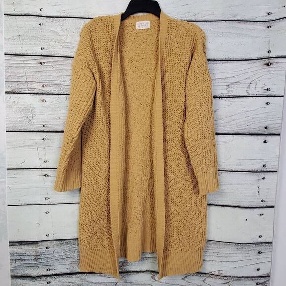 Poof Apparel Tan Chenille Longline Open Front Cardigan Sweater Women’s Size M - Picture 1 of 8